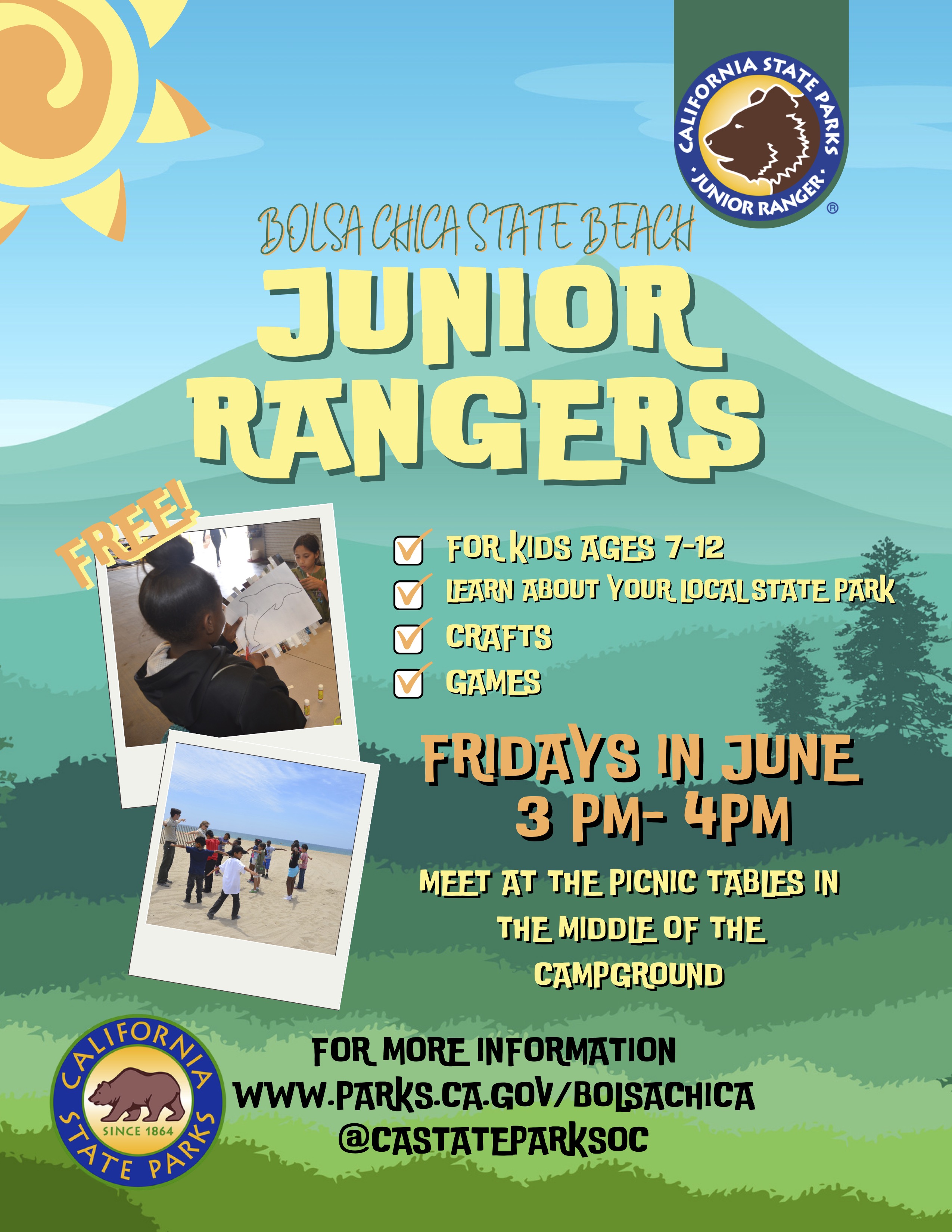 Bolsa Chica State Beach offers a Junior Rangers program for Fridays in June from 3-4pm. For kids ages 7-12. Meet at the picnic tables in the middle of the campground.